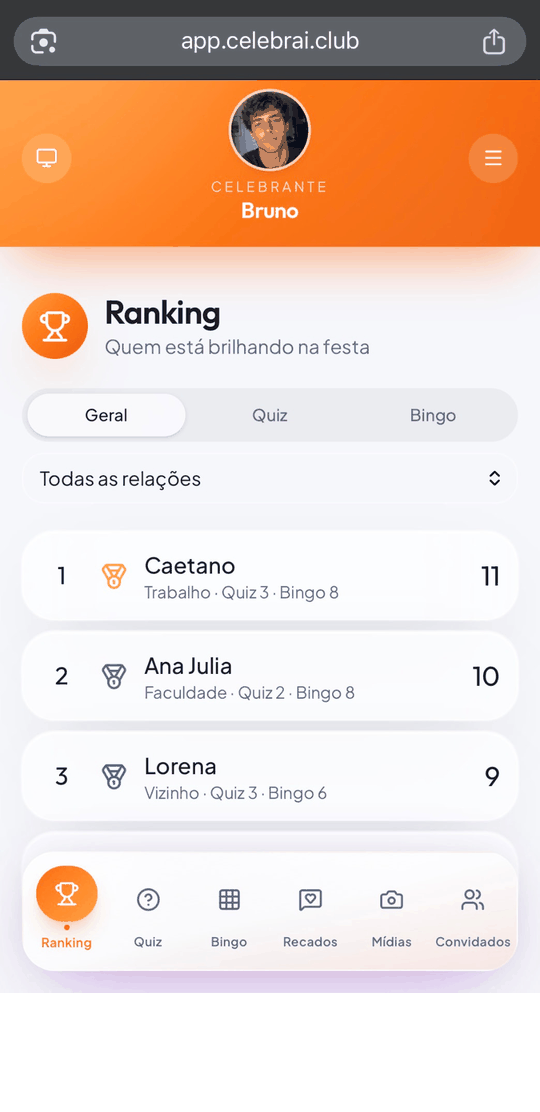 Fluxo do celebrante: entrada, estatísticas do quiz e galeria de mídias