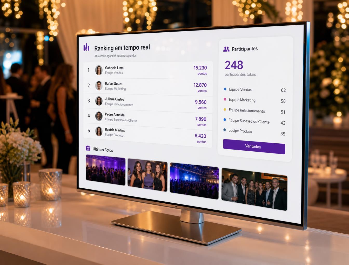 TV em uma festa exibindo o painel com ranking em tempo real, participantes e últimas fotos do evento